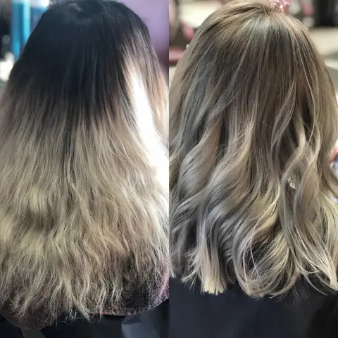 Before and after: grown-out color to a blended finish