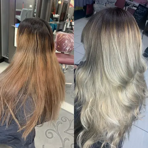 Before and after: brassy hair to long icy blonde