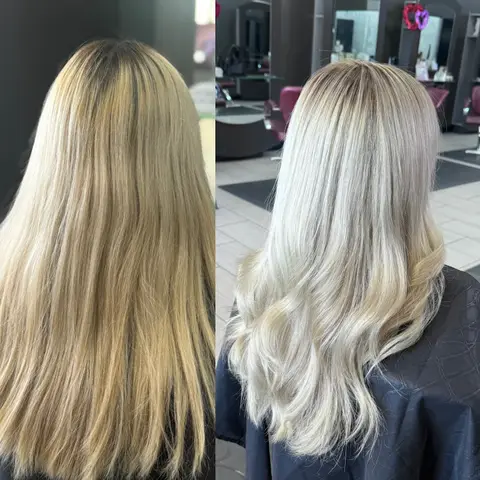Before and after: golden blonde to bright, cool blonde