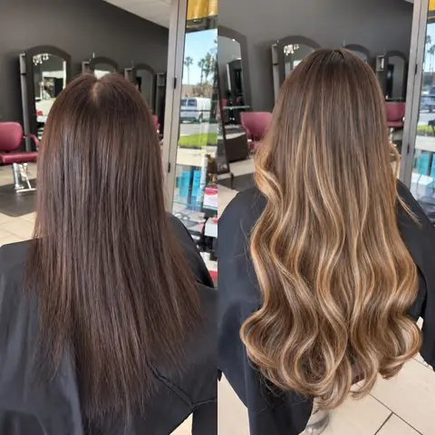 Before and after: shoulder-length brown hair to long blended waves