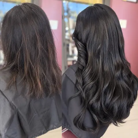 Before and after: thin dark hair to full, glossy waves