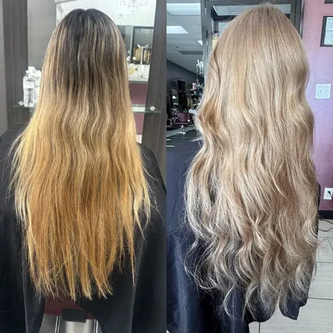 Before and after: brassy lengths to soft blonde